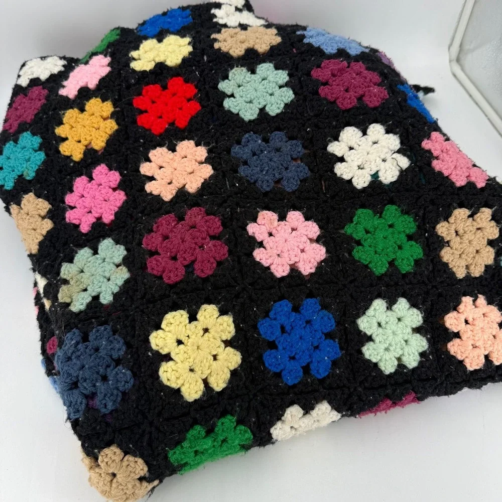 Vtg granny square crochet blanket colorful motifs against a black 54.5